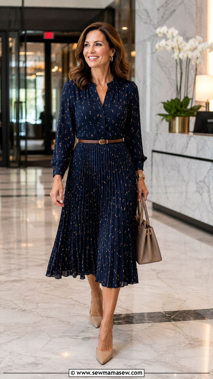 Pleated midi dress with pointed pumps - 30 Dress outfit ideas for women over 40