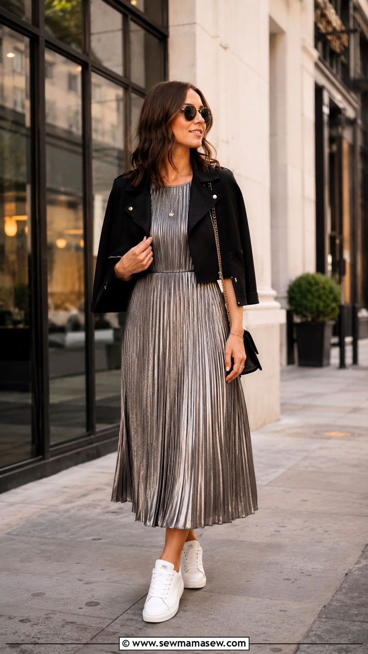 Pleated midi dress with white sneakers - 30 Midi dress with white sneakers outfit ideas