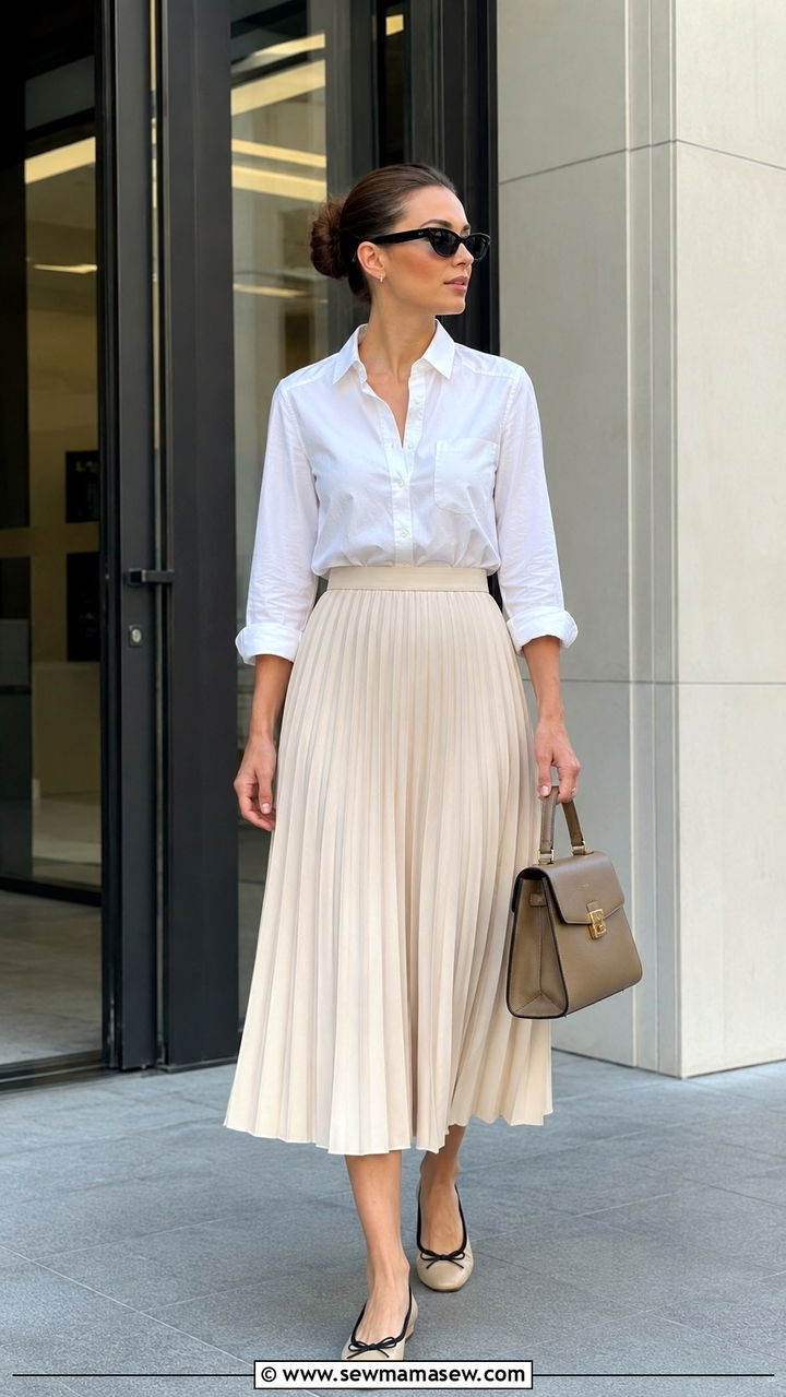 Pleated midi skirt and button down shirt outfit with sunglasses - 30 Spring outfits with sunglasses