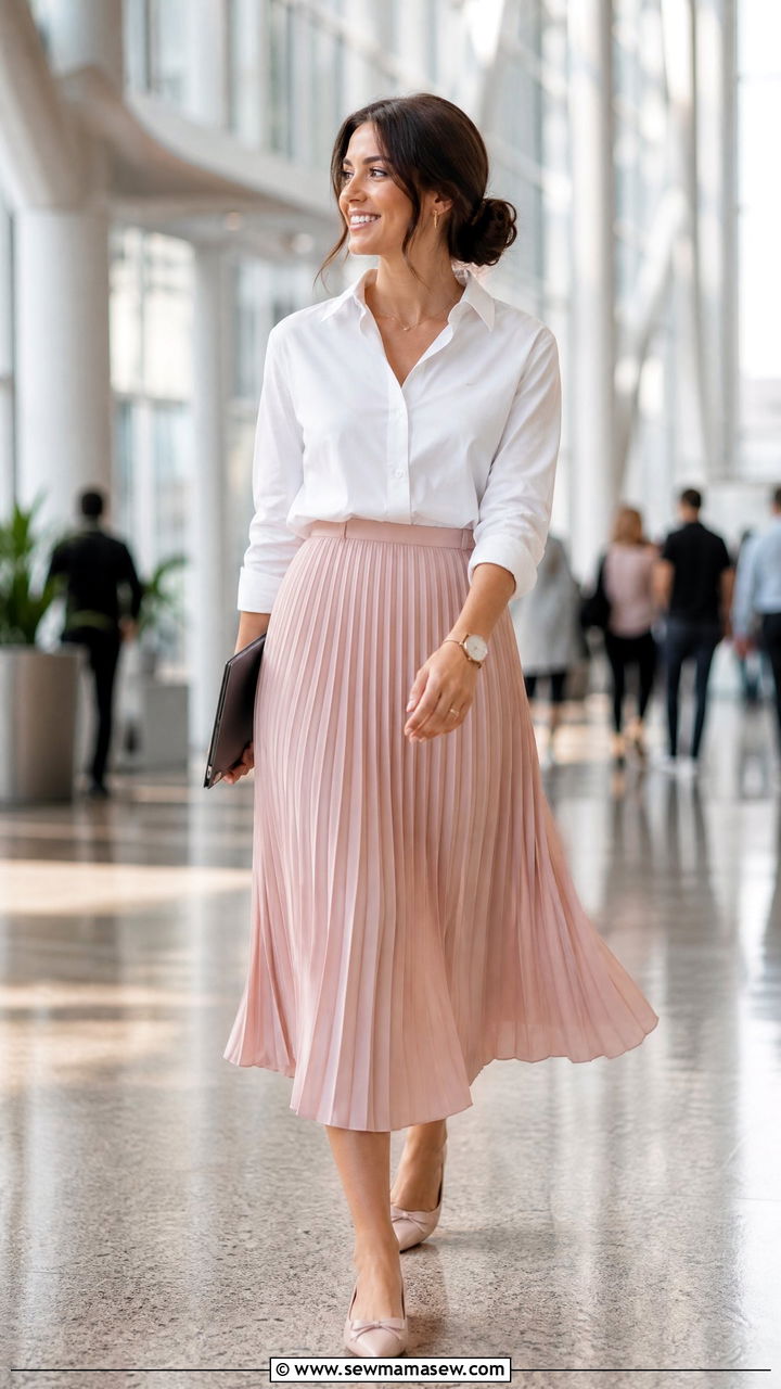 Pleated midi skirt and button down shirt with flats - 35 Marketing conference outfit ideas