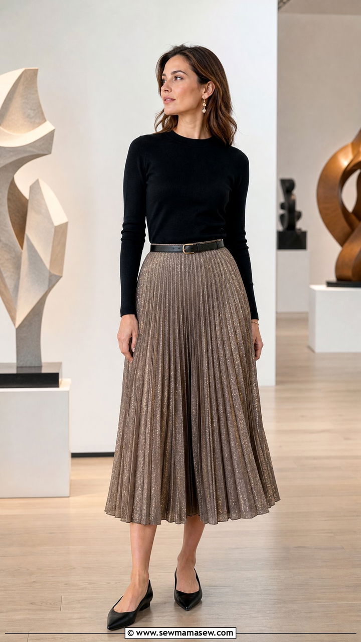 Pleated midi skirt and fitted knit top gallery look - 30 Gallery opening outfit ideas