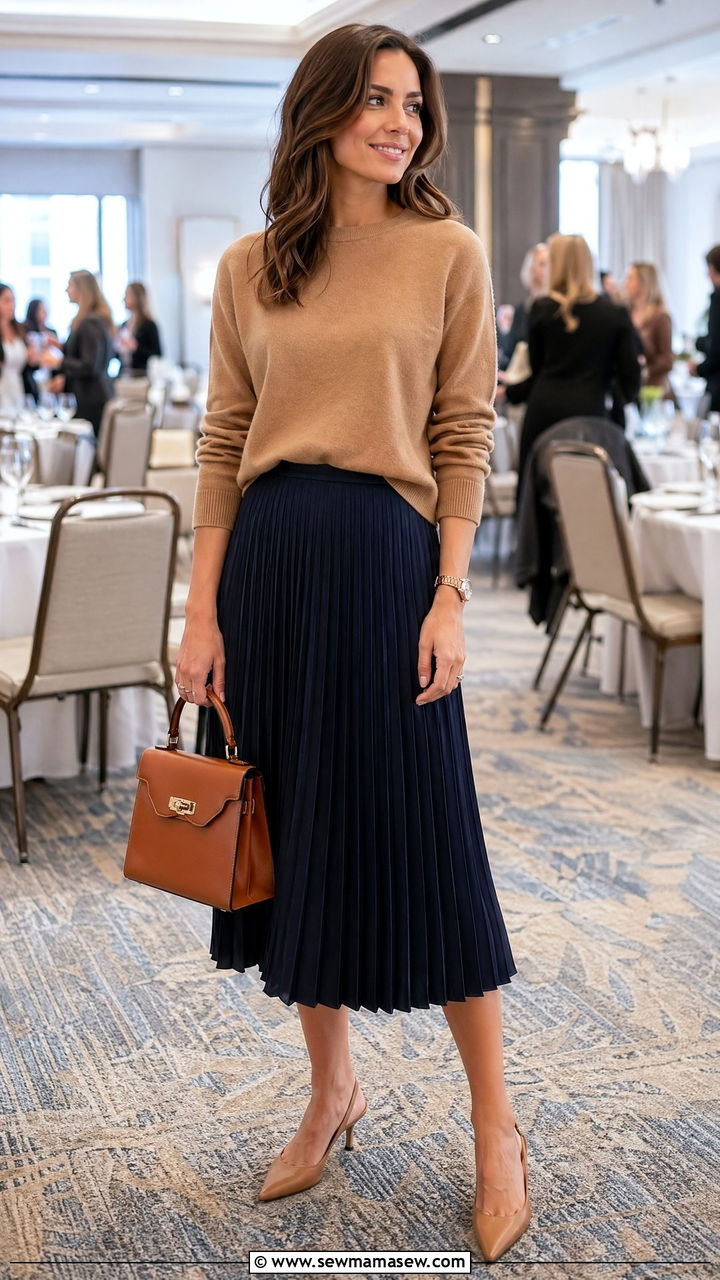 Pleated midi skirt and fitted knit top outfit - 35 Conference outfit ideas for women