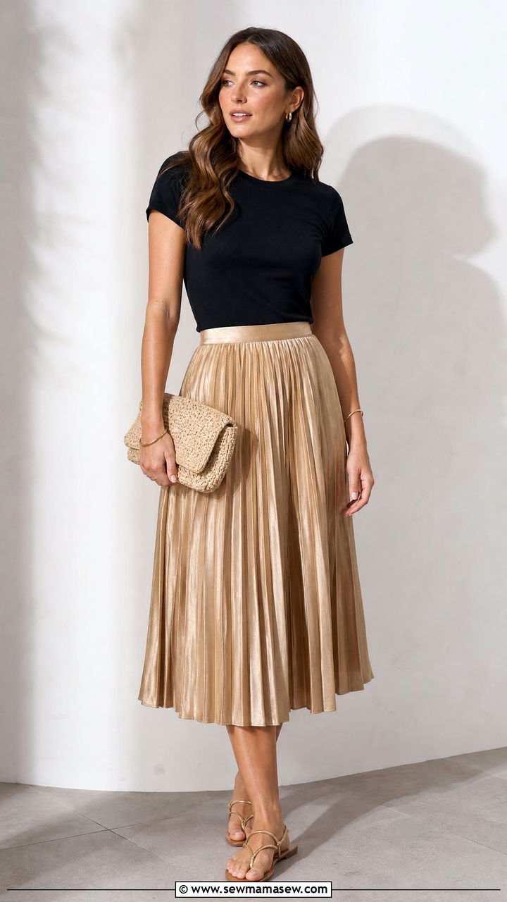 Pleated midi skirt and fitted short sleeve tee city break outfit - 30 summer city break outfit ideas