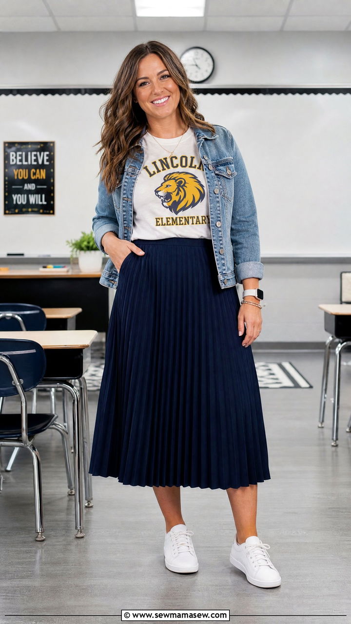Pleated midi skirt and graphic tee teacher outfit - 30 Elementary teacher outfit ideas