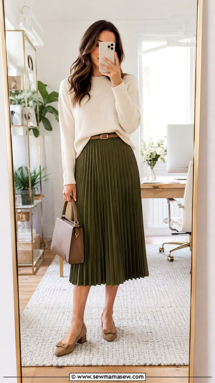Pleated midi skirt and knit sweater work outfit - 25 Work outfit ideas for Monday