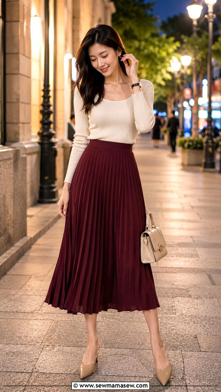 Pleated midi skirt and knit top travel outfit for pear shape - 25 Travel outfits for pear shape
