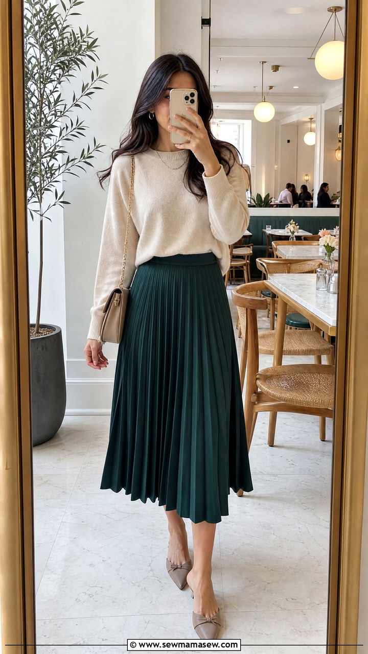 Pleated midi skirt and lightweight sweater - 30 modest brunch outfit ideas
