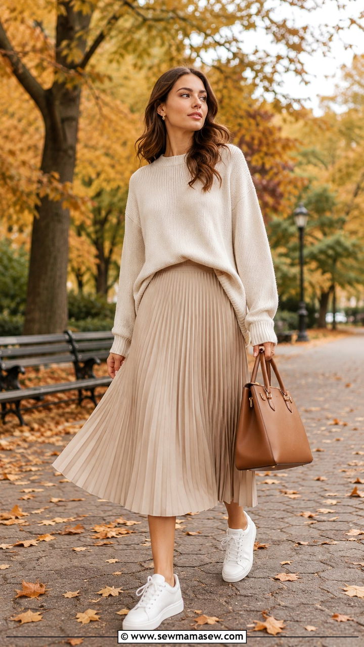 Pleated midi skirt and oversized sweater with sneakers - 30 Pleated skirt outfit ideas with sneakers