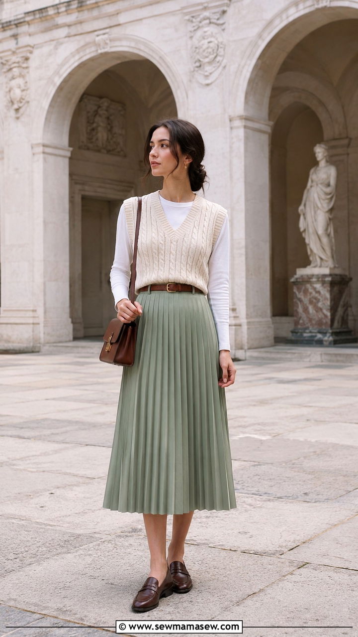 Pleated midi skirt and sweater vest with loafers - 30 How to style a midi skirt in spring