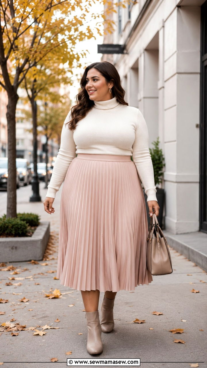 Pleated midi skirt and turtleneck outfit - 20 Plus size outfit ideas size 16