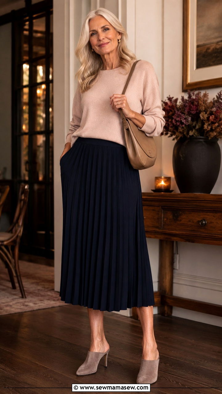 Pleated midi skirt with a cashmere sweater for tall women over 50 - 30 Tall outfits for women over 50