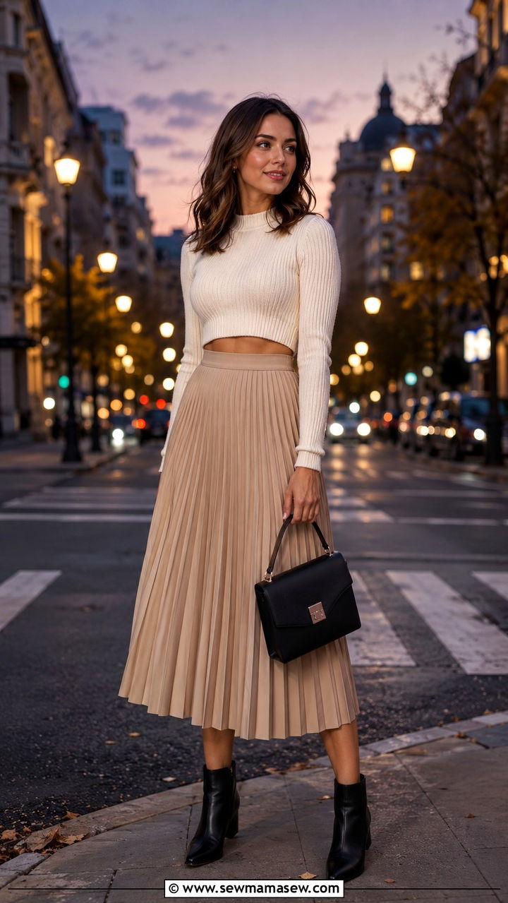 Pleated midi skirt with a cropped sweater and ankle boots - 30 spring city break outfit ideas