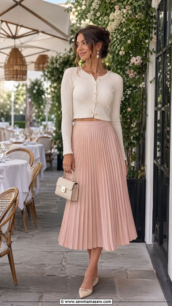 Pleated midi skirt with a fitted cardigan and mules - 35 Elevated brunch outfit ideas