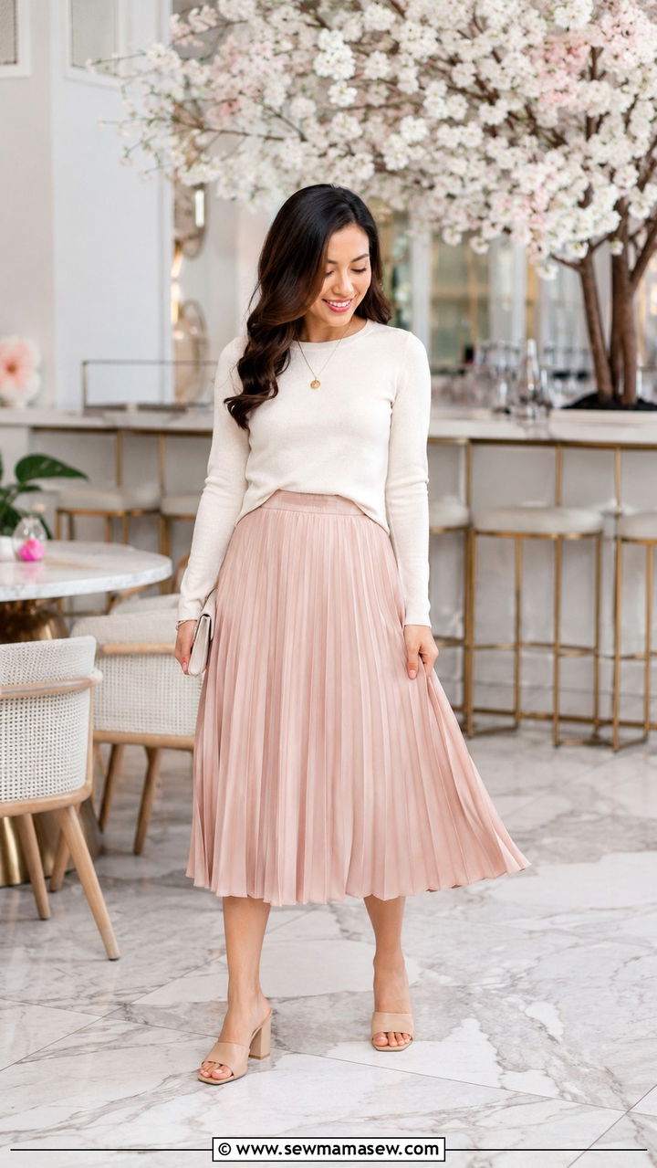 Pleated midi skirt with a fitted sweater - 25 Petite outfit ideas for brunch