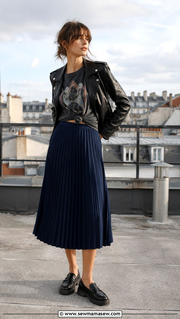 Pleated midi skirt with a graphic tee and leather jacket - 30 casual french girl outfits
