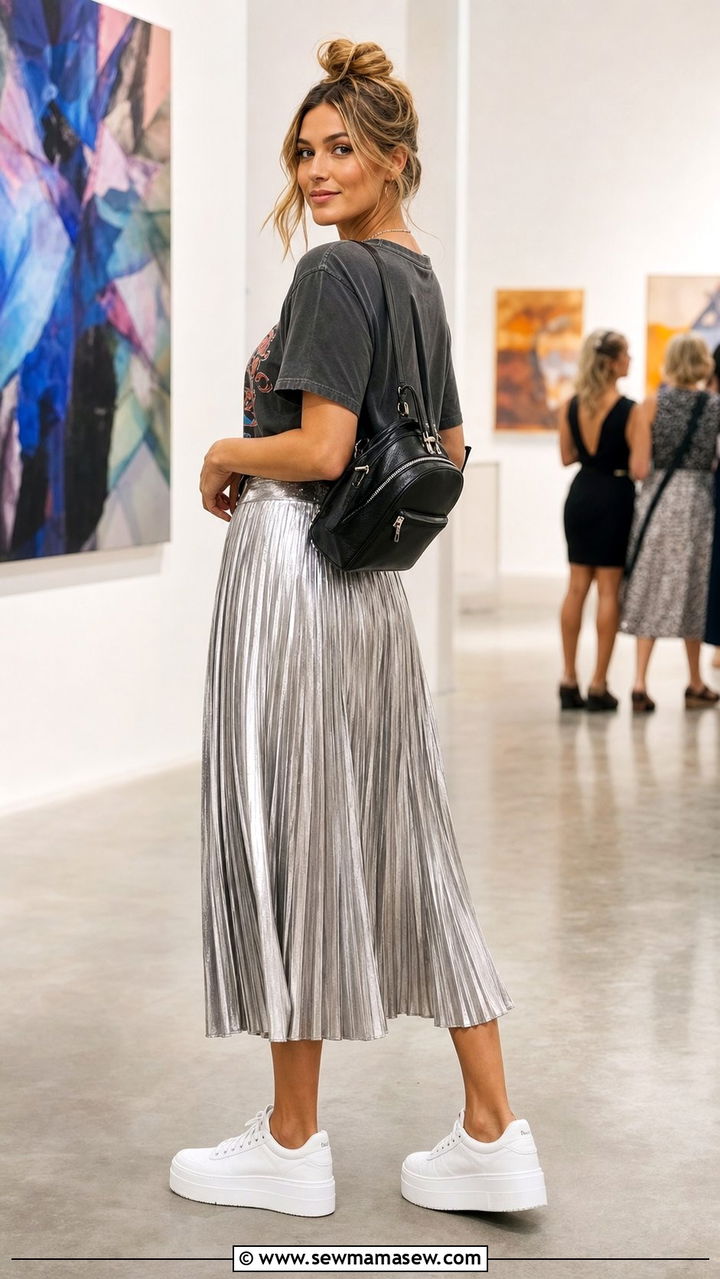 Pleated midi skirt with a graphic tee and white sneakers - 25 Cute summer outfit ideas 2026