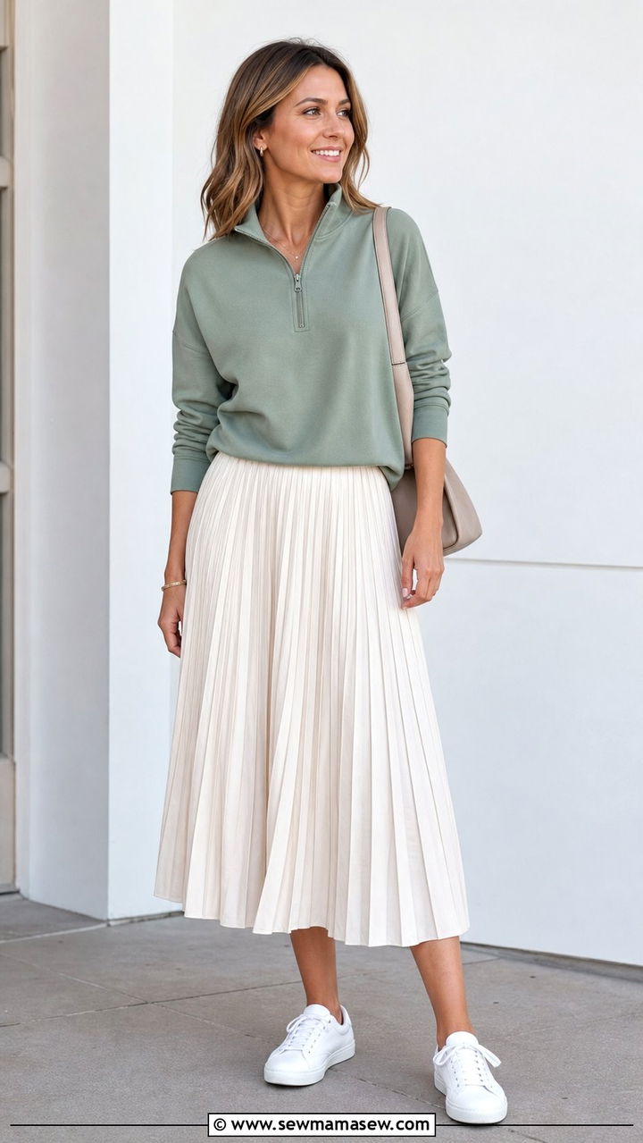 Pleated midi skirt with a halfzip pullover and sneakers - 25 sporty chic outfits aesthetic