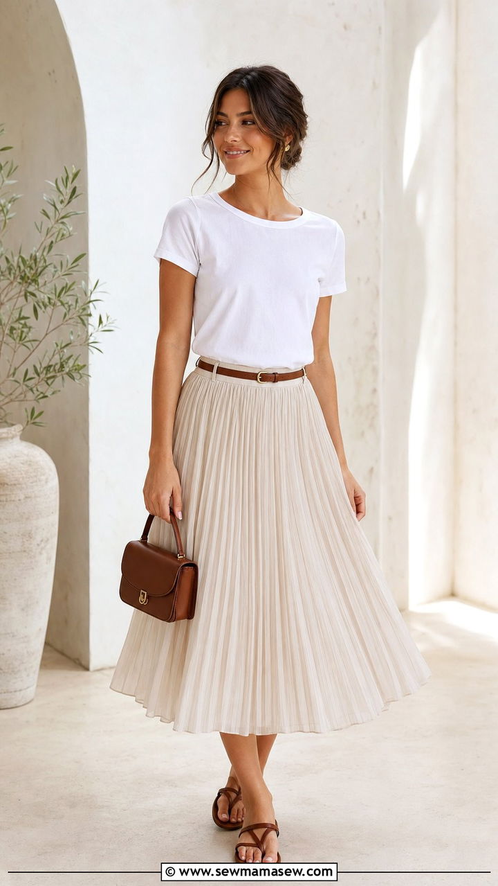 Pleated midi skirt with a tucked cotton T shirt - 35 Business casual outfits for summer heat