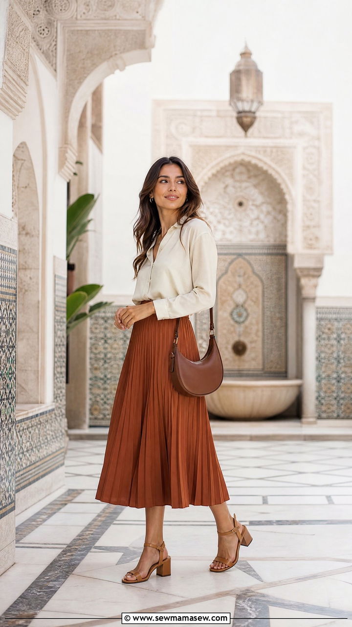 Pleated midi skirt with a tucked in blouse - 25 Rabat outfit ideas