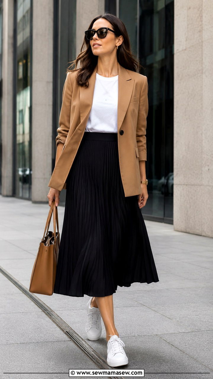 Pleated midi skirt with blazer and sneakers - 30 Pleated skirt outfit ideas with sneakers