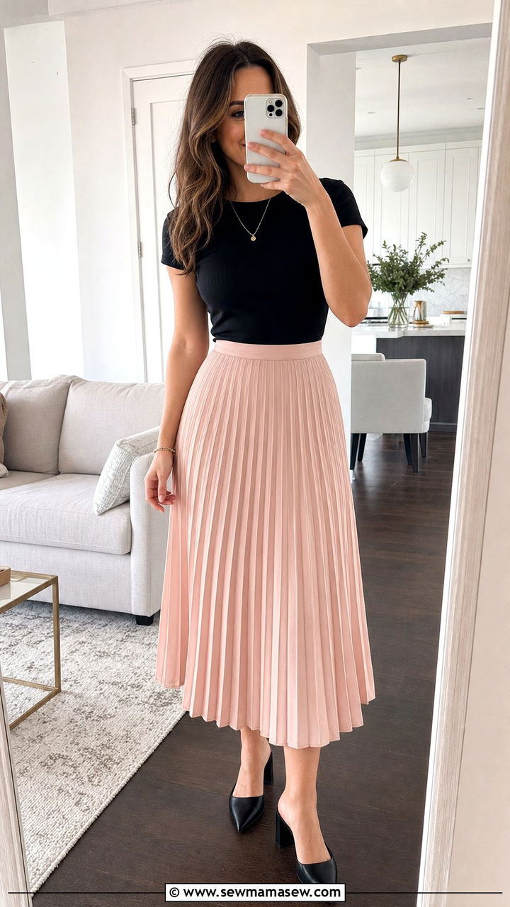 Pleated midi skirt with block heel mules - 25 spring outfits with block heels