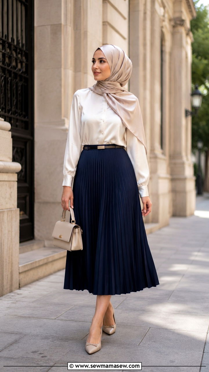 Pleated midi skirt with blouse and hijab - 25 outfit ideas for hijab women