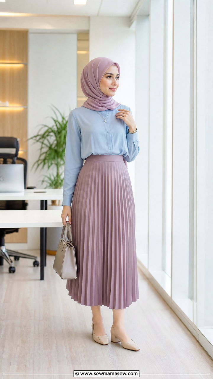 Pleated midi skirt with blouse hijab office - 30 hijab outfit ideas
