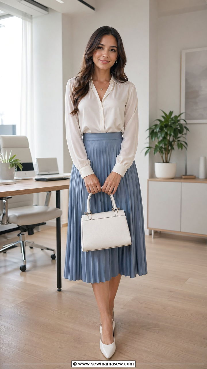 Pleated midi skirt with blouse outfit - 35 First day of work outfit ideas
