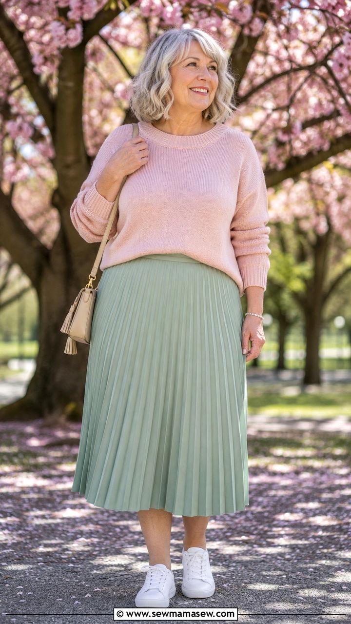 Pleated midi skirt with blush knit sweater and white sneakers - 30 Plus size outfit ideas for women over 60