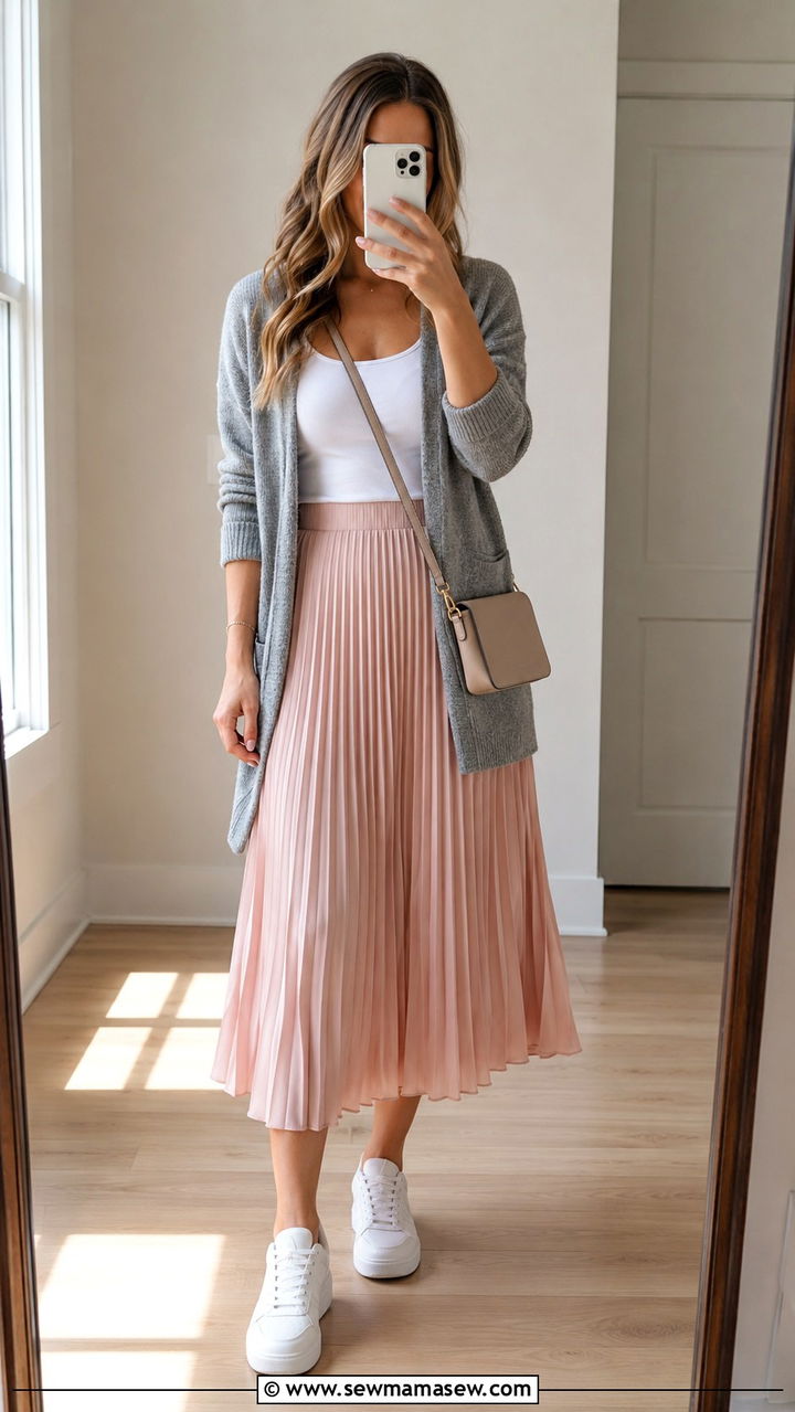 Pleated midi skirt with cardigan and sneakers - 30 Pleated skirt outfit ideas with sneakers