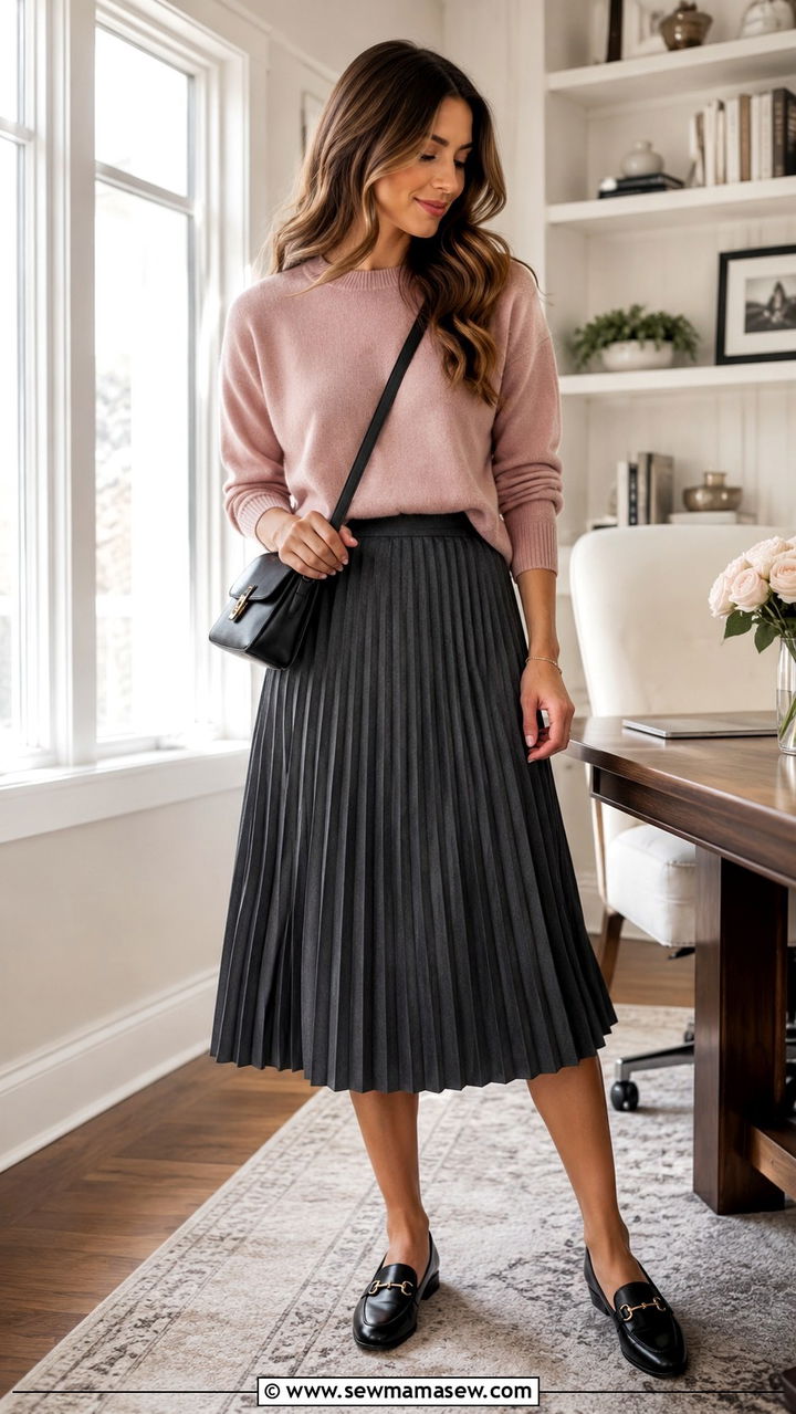 Pleated midi skirt with cashmere sweater - 30 Pleated midi skirt outfit ideas for work
