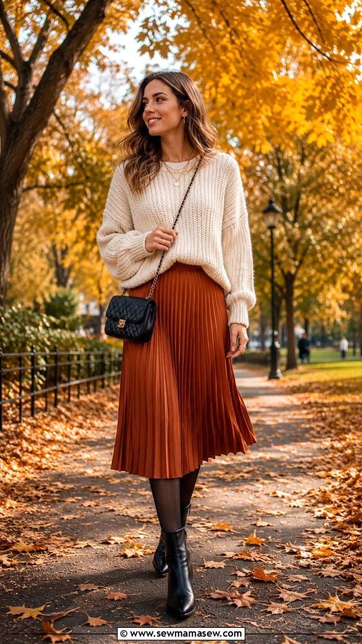 Pleated midi skirt with chunky knit sweater - 30 casual pleated skirt outfits