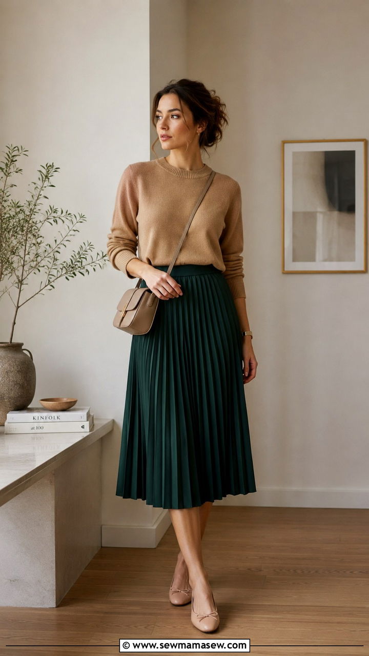 Pleated midi skirt with crewneck sweater and ballet flats - 30 Grandma chic outfit ideas