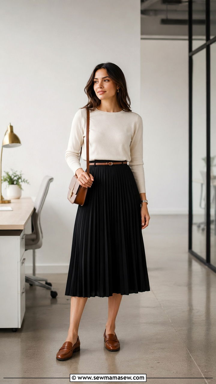 Pleated midi skirt with crewneck sweater and loafers - 30 Internship outfit ideas for women