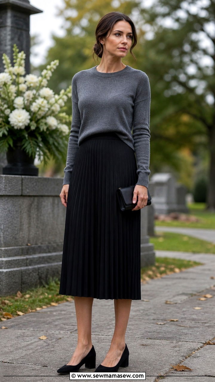 Pleated midi skirt with crewneck sweater funeral - 40 Funeral outfit ideas