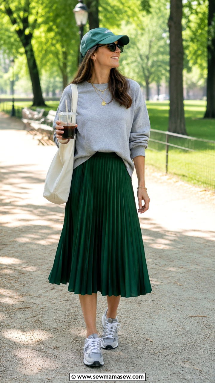 Pleated midi skirt with crewneck sweatshirt - 30 casual pleated skirt outfits