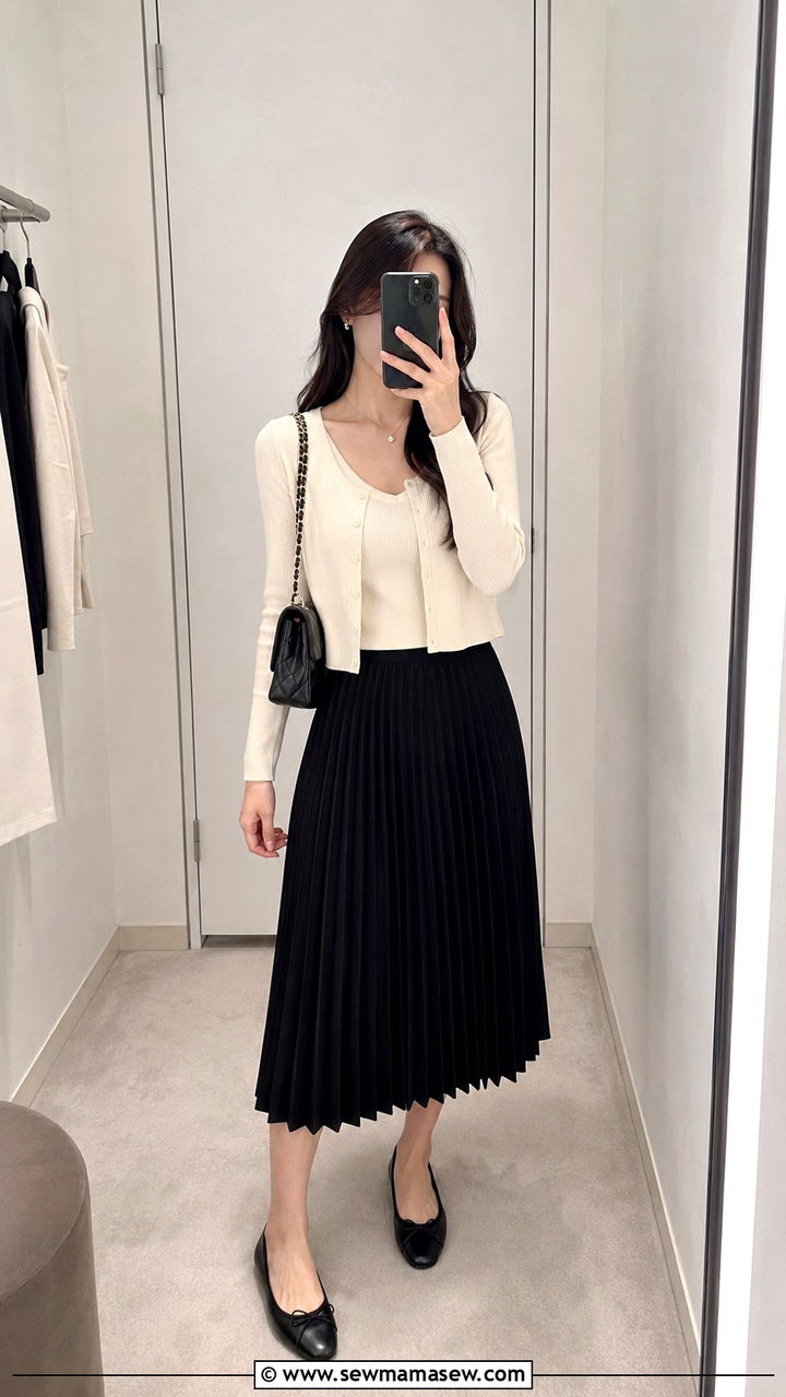 Pleated midi skirt with cropped cardigan - 30 Pleated midi skirt outfit ideas for work