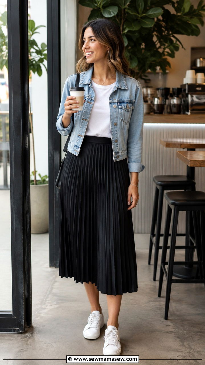 Pleated midi skirt with denim jacket - 30 Pleated midi skirt outfit ideas for work