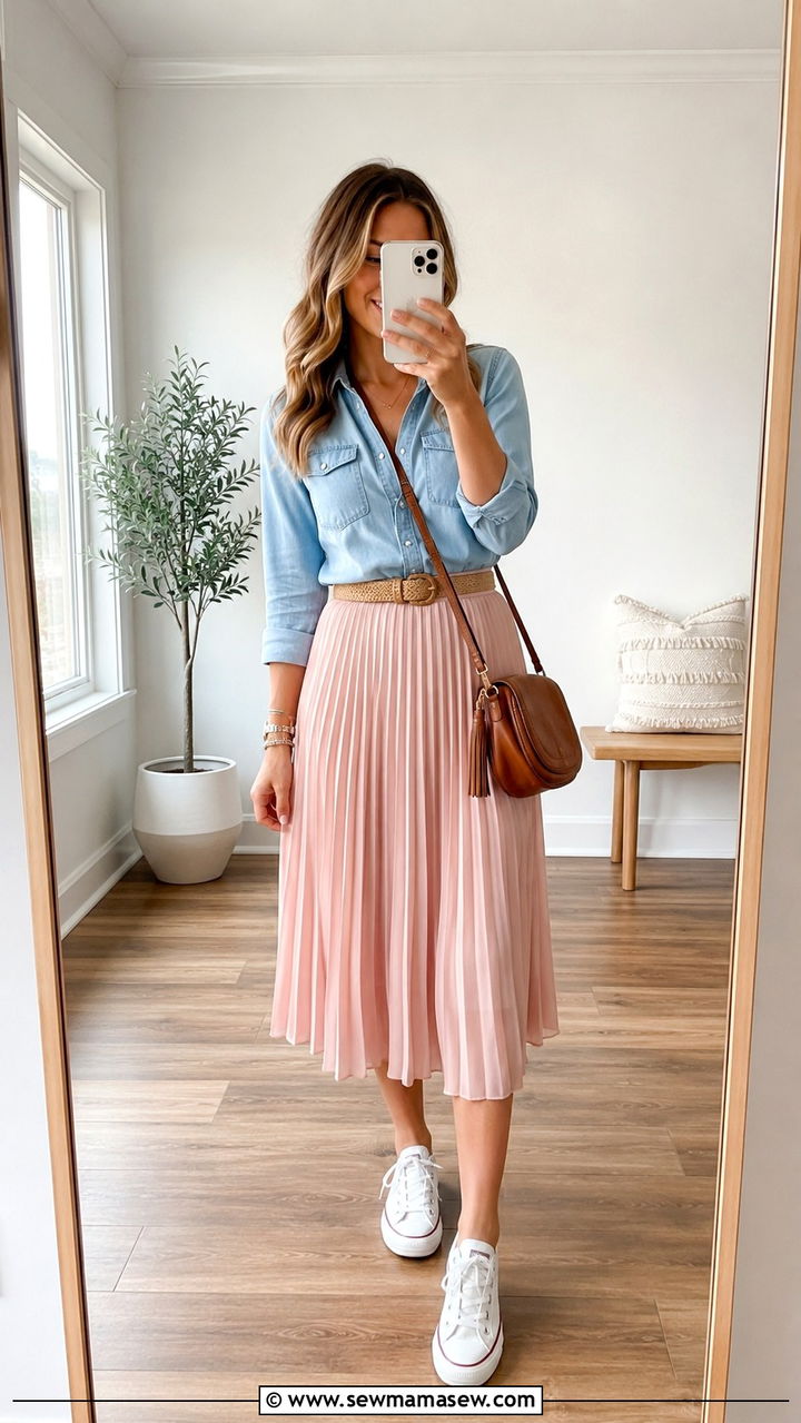 Pleated midi skirt with denim shirt and sneakers - 30 Pleated skirt outfit ideas with sneakers