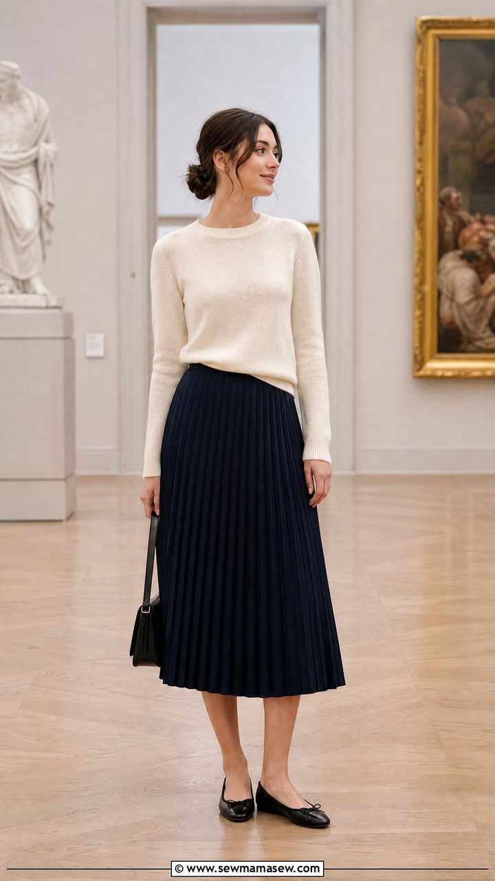Pleated midi skirt with fine knit and ballet flats - 30 parisian outfit ideas for women over 40