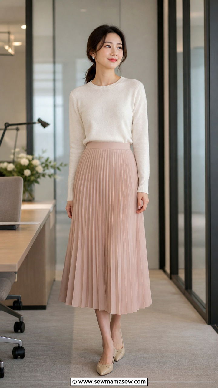 Pleated midi skirt with fine knit crewneck sweater - 40 casual office outfits