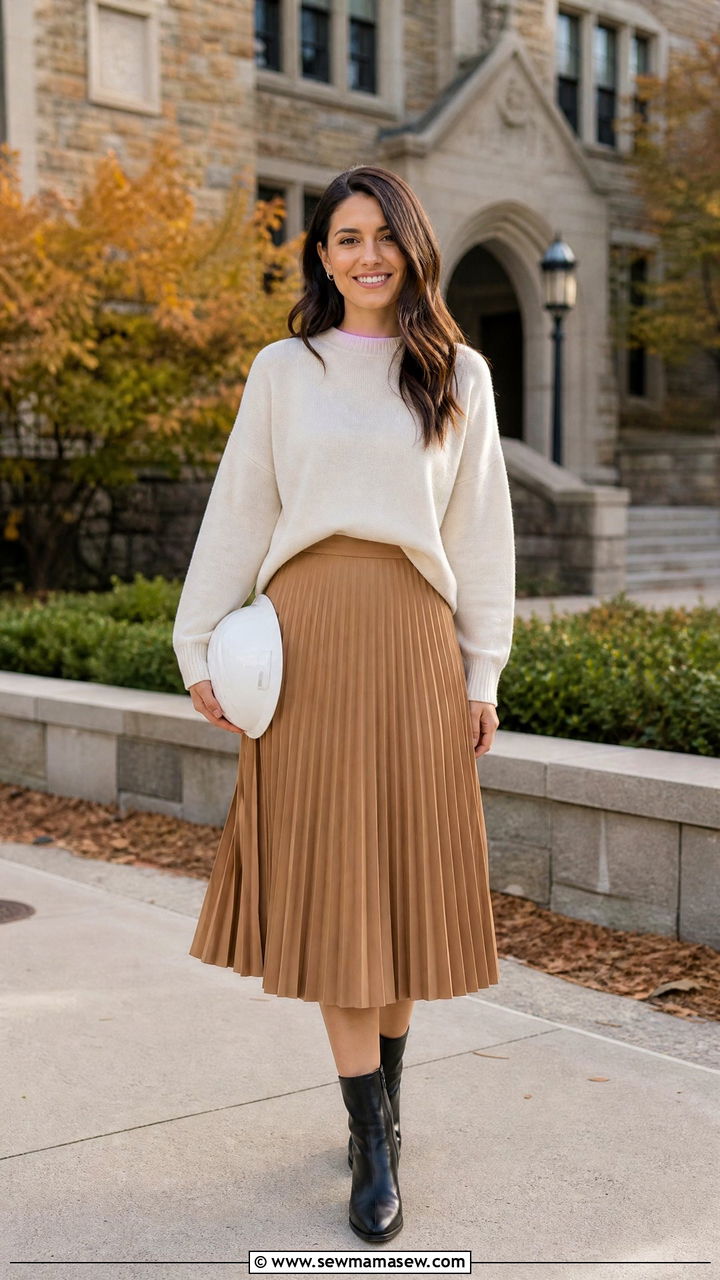Pleated midi skirt with fine knit sweater - 30 Engineering graduation outfit ideas