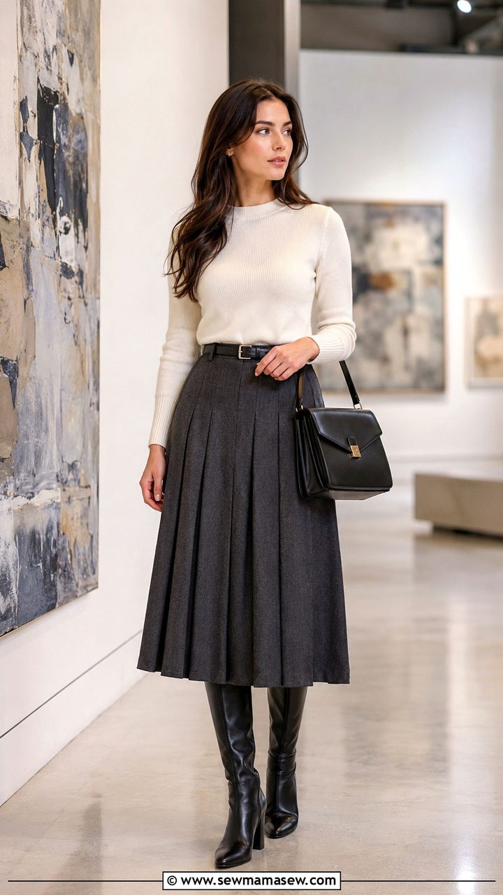 Pleated midi skirt with fitted fine gauge sweater and knee high boots - 30 Business travel capsule wardrobe