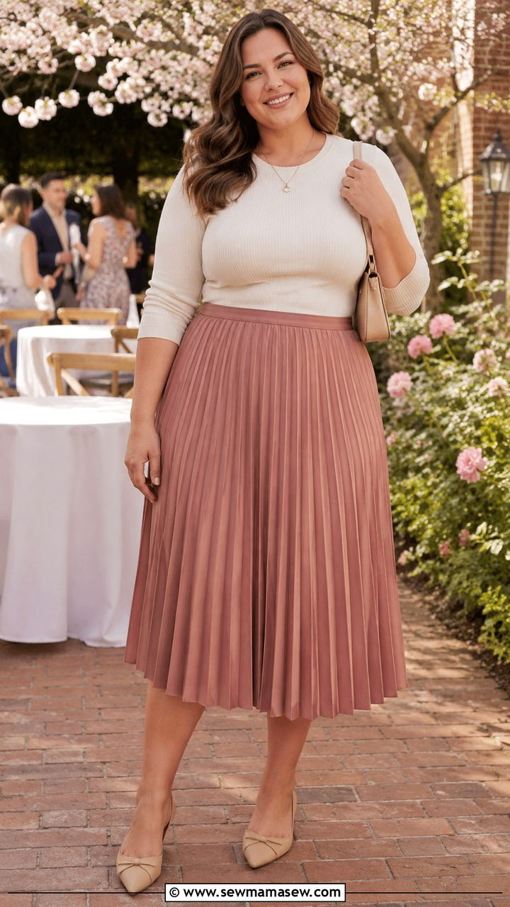 Pleated midi skirt with fitted knit top - 30 Plus size outfit ideas spring 2026