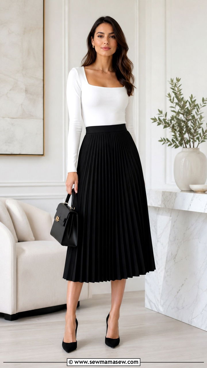 Pleated midi skirt with fitted square neck top - 30 Pleated midi skirt outfit ideas for work