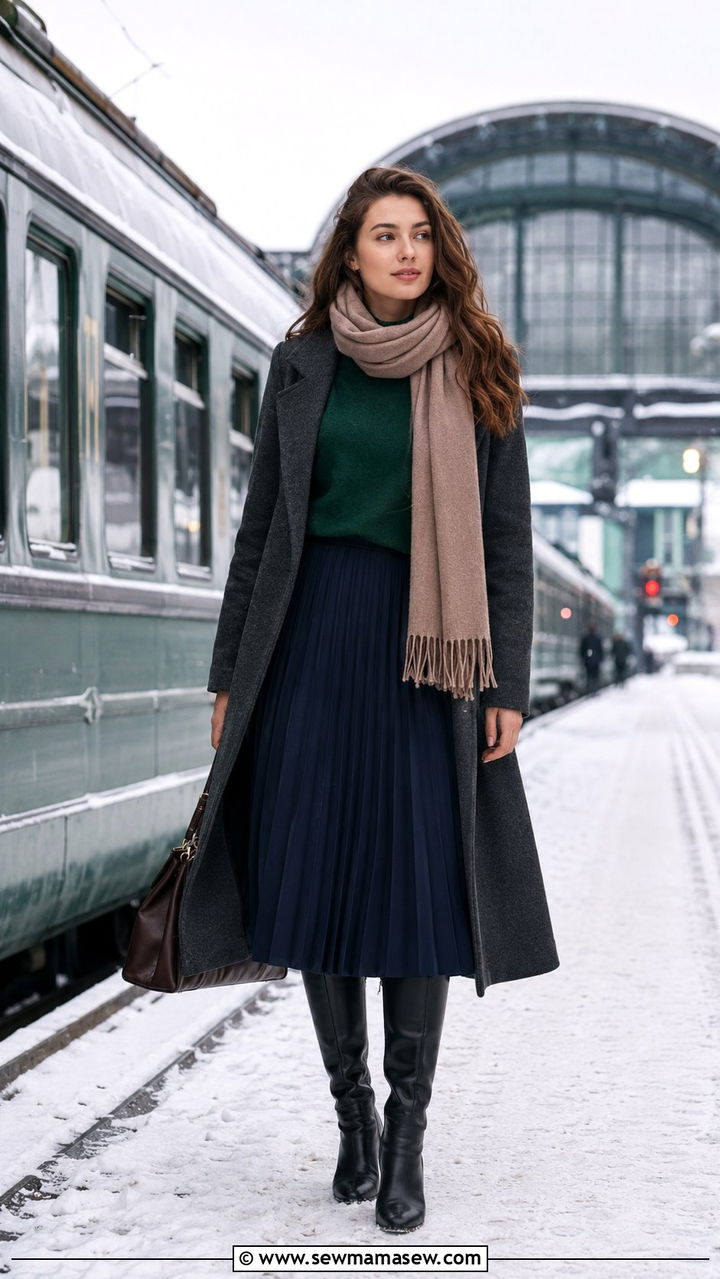 Pleated midi skirt with fitted sweater and knee high boots for winter travel - 25 travel outfits inspo