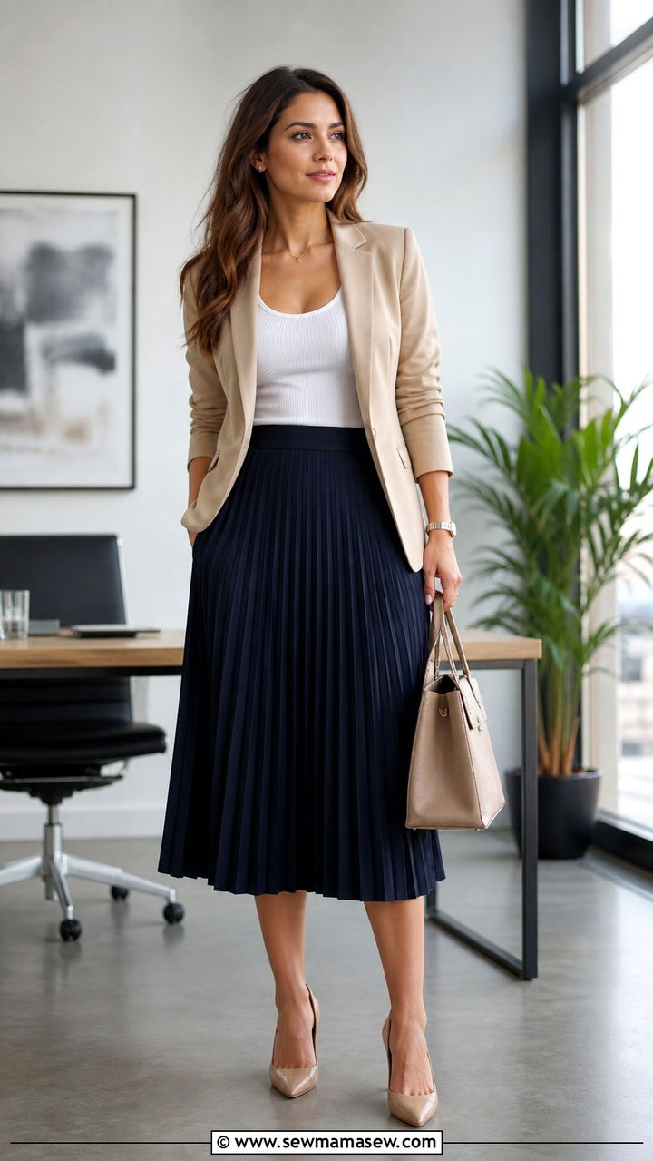Pleated midi skirt with fitted tank and blazer - 40 office outfits 2026