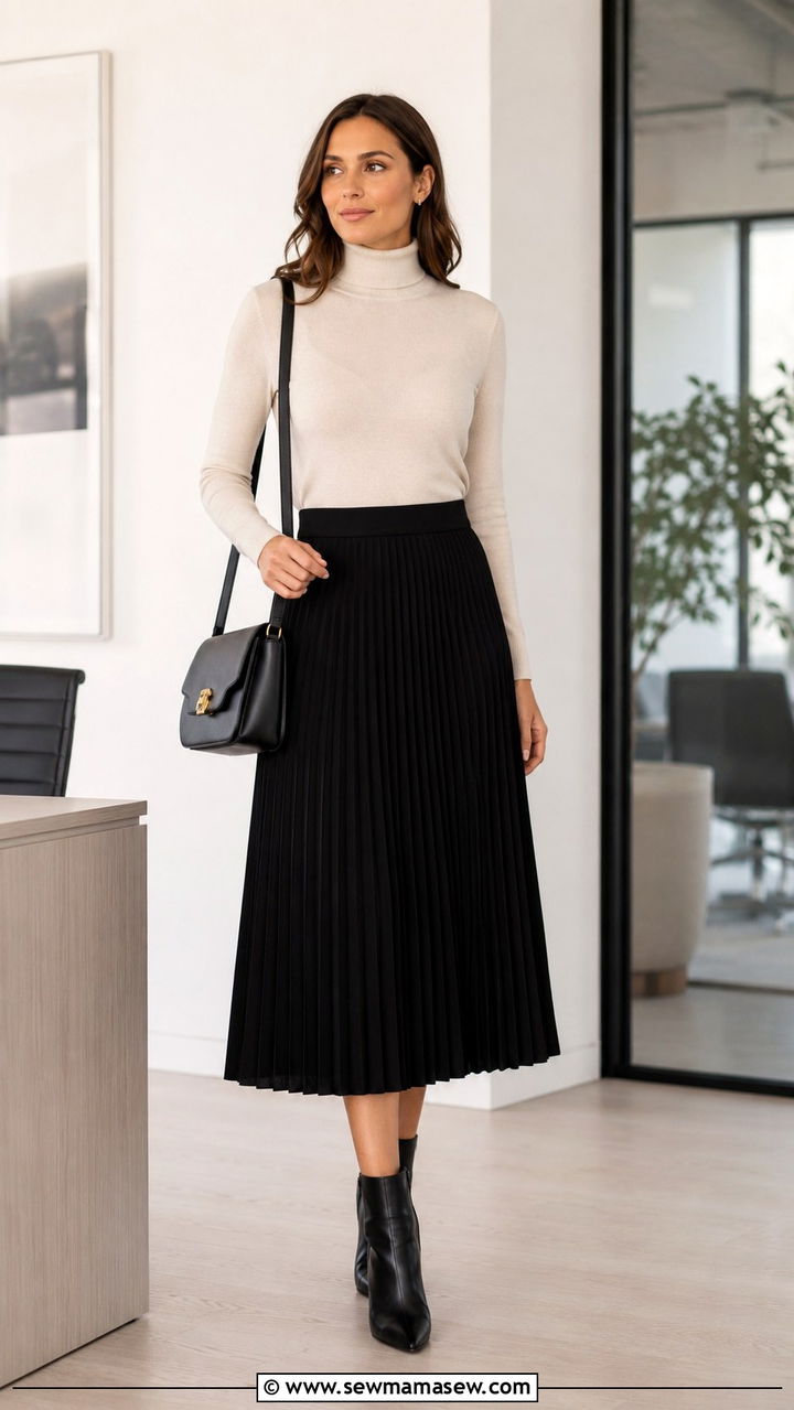 Pleated midi skirt with fitted turtleneck - 30 Pleated midi skirt outfit ideas for work