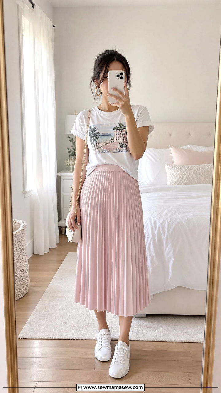 Pleated midi skirt with graphic tee - 25 Petite outfit ideas spring 2026