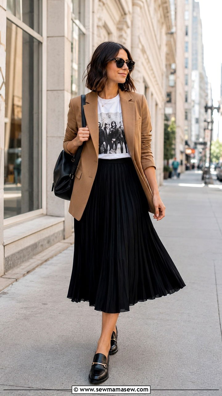 Pleated midi skirt with graphic tee - 30 Pleated midi skirt outfit ideas for work